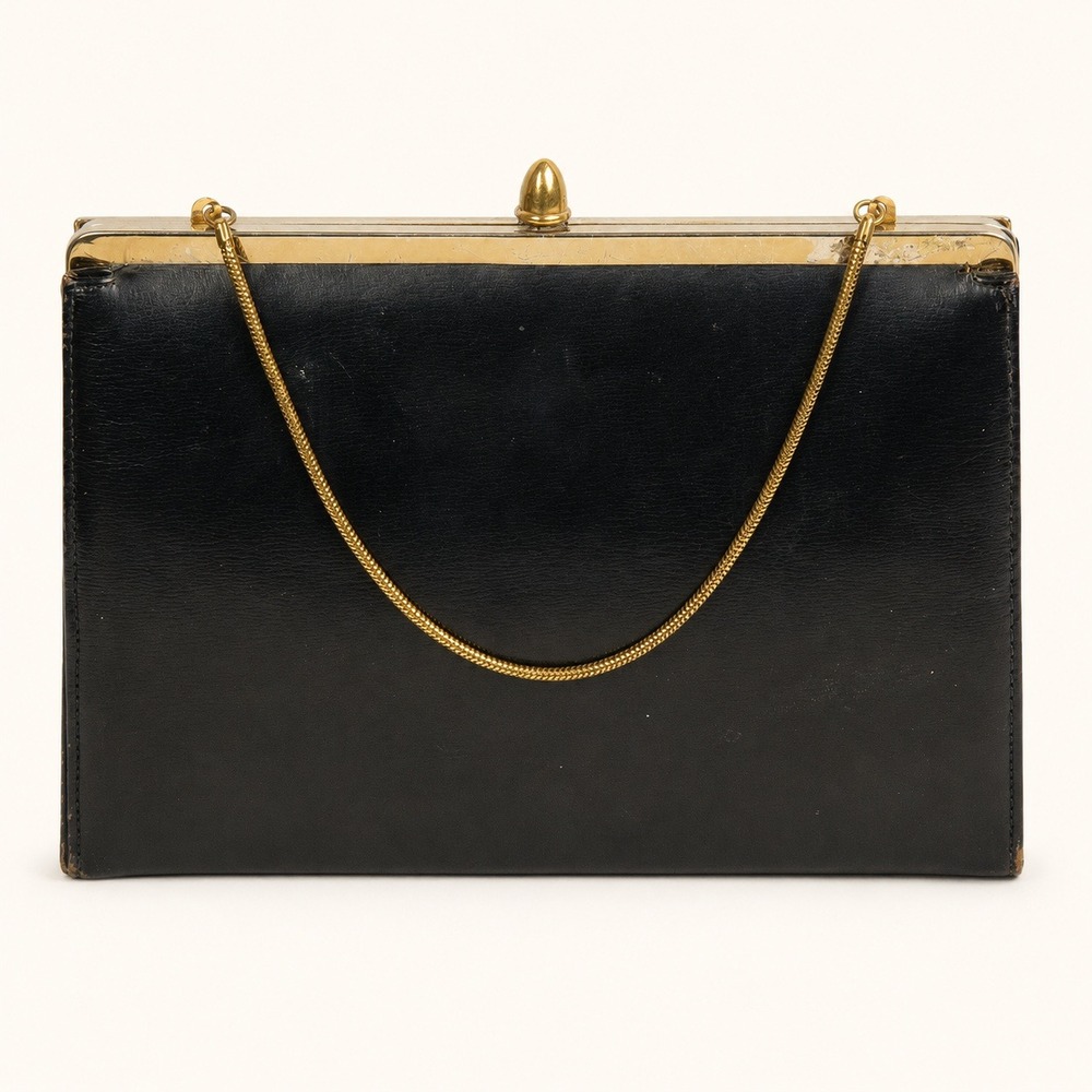 Vintage Black Leather Frame Clutch Gold Chain Strap Evening Bag Mid Century